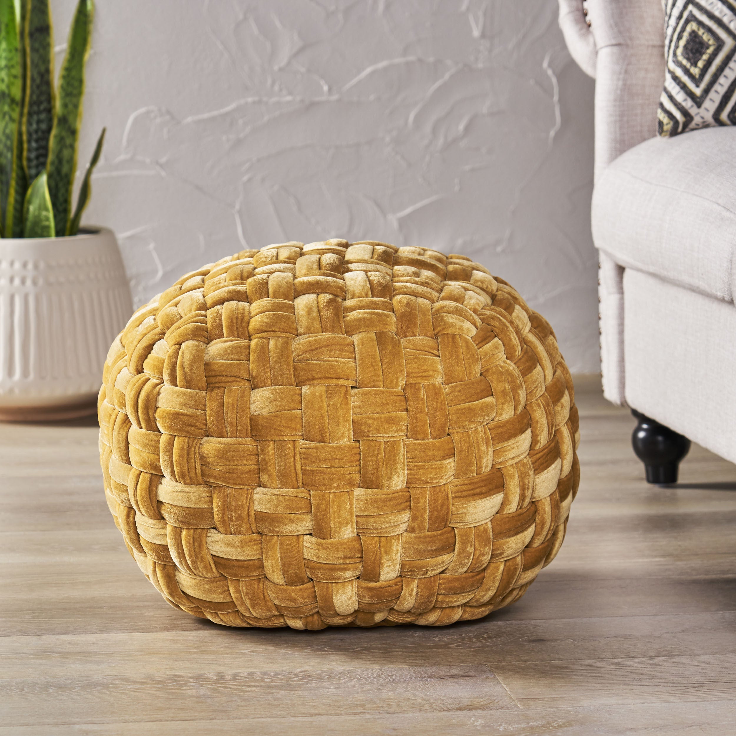 Colerain Modern Glam Handcrafted Cable Weave Velvet Round Pouf