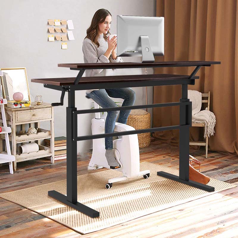 2-Tier Standing Desk, Height Adjustable Sit Stand Up Desk, Computer Desk Workstation with Monitor Stand & Foldable Crank Handle