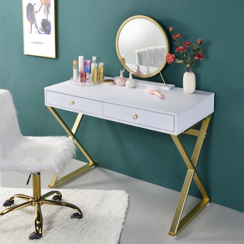 Gold Finish Vanity Desk with Mirror and Jewelry Tray