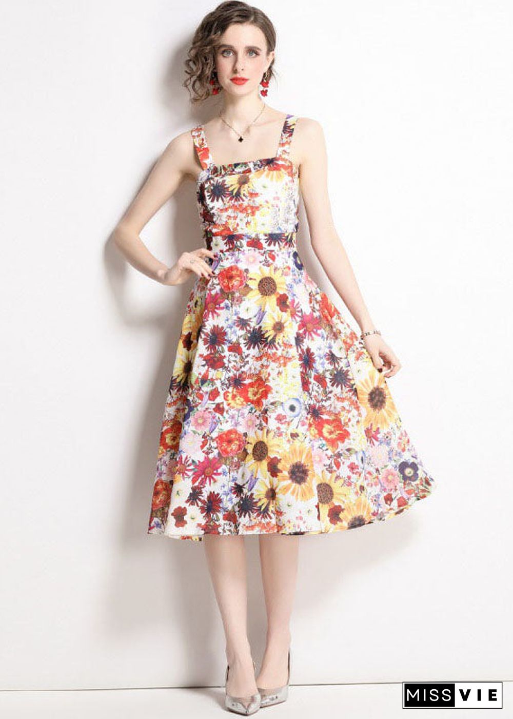 Art Floral Print Patchwork Chiffon Spaghetti Strap Dress Summer