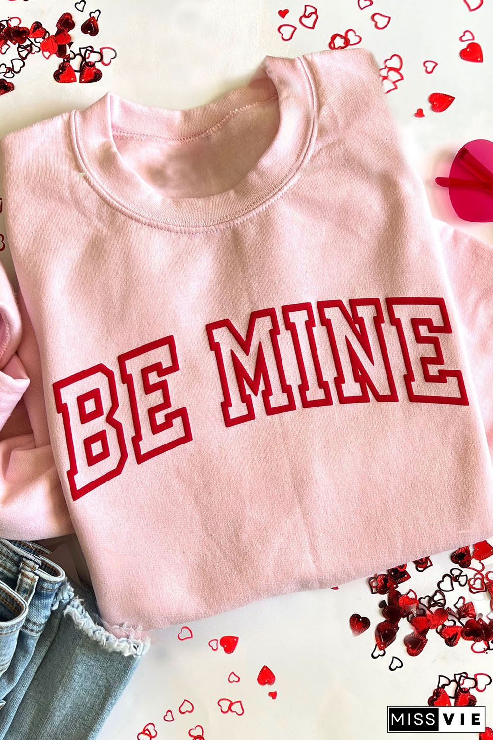 Pink BE MINE Puff Graphic Pullover Sweatshirt