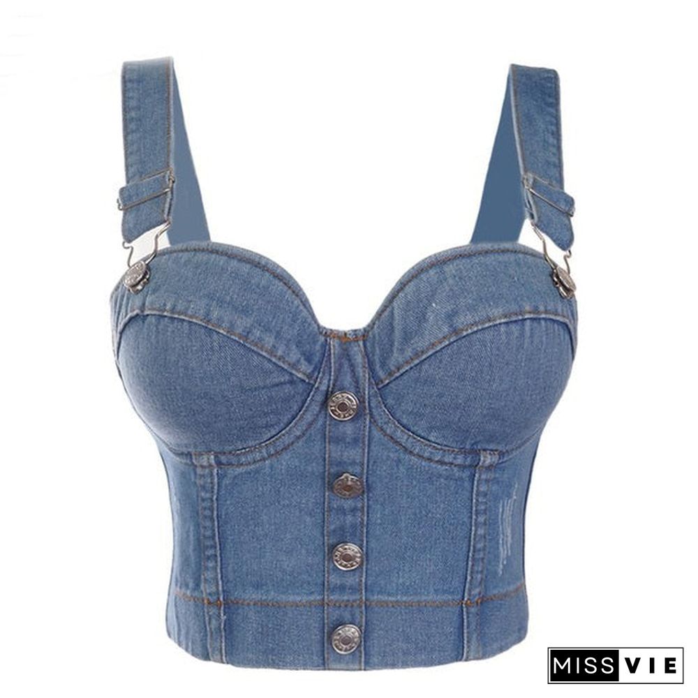 Denim Scratched Women's Spaghetti Strap Button Diamonds Ripped Push Up Bustier Night Club Party Crop Top New Corset Camise