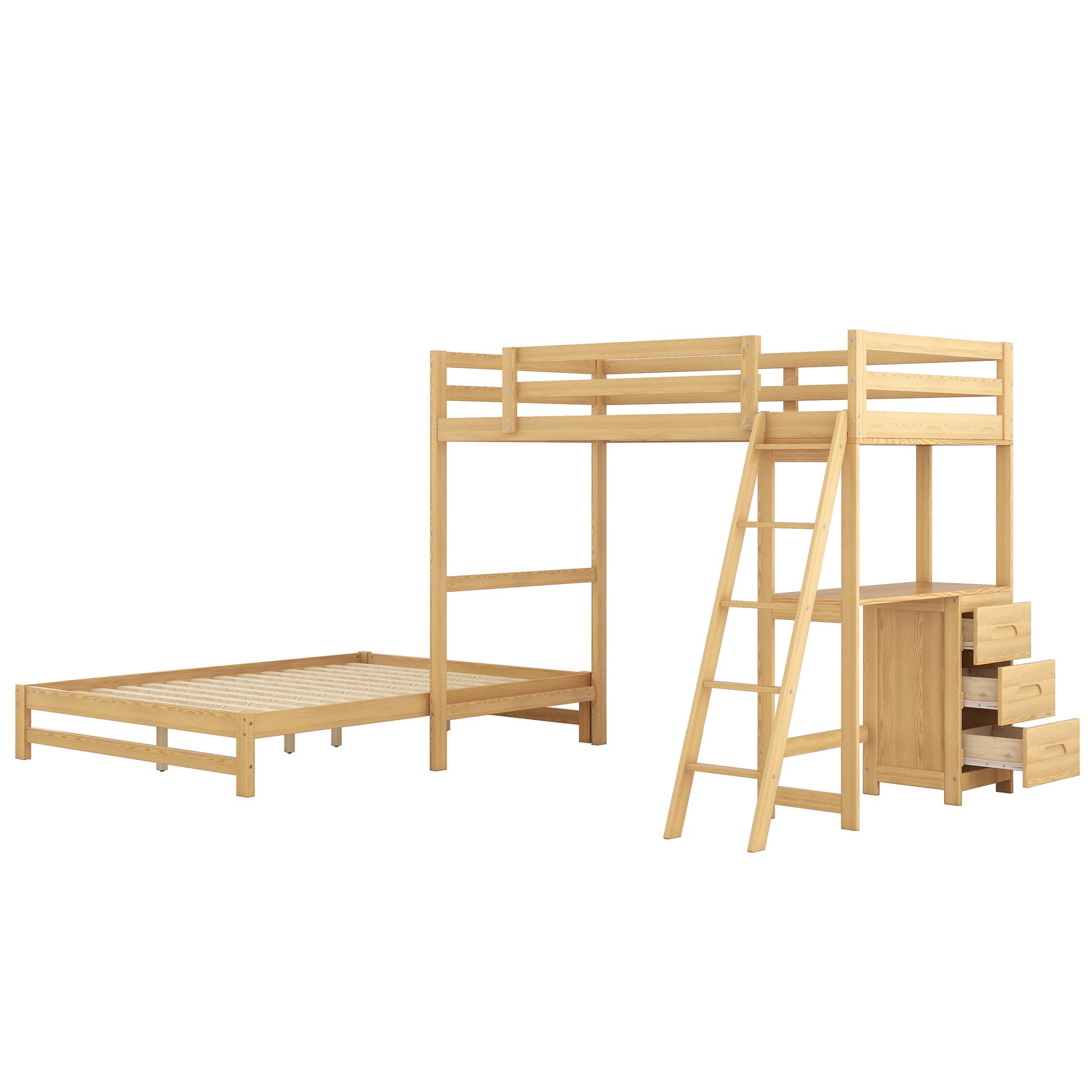 EUROCO Twin over Full Bunk Bed with Desk and Drawers for Kids, Natural