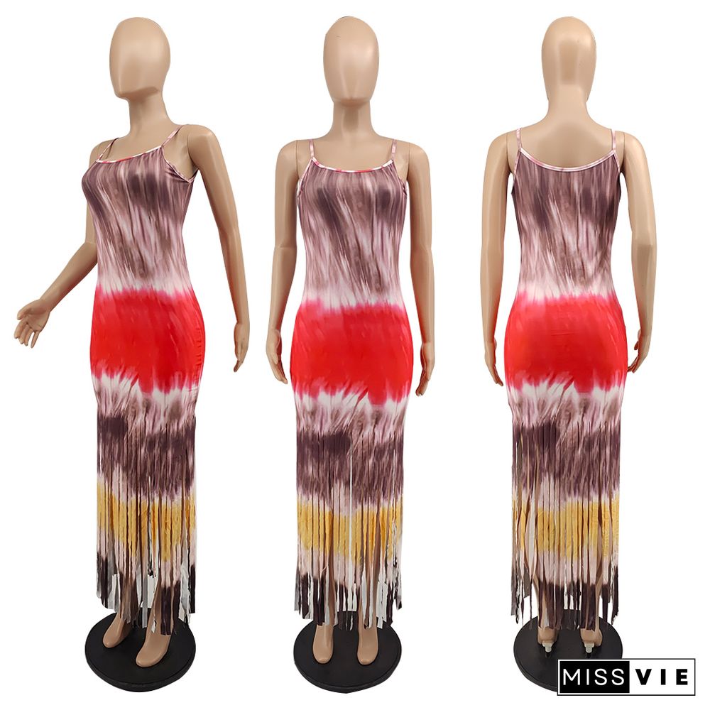 Sleeveless Sling Tie Dye Tassel Bodycon Dress