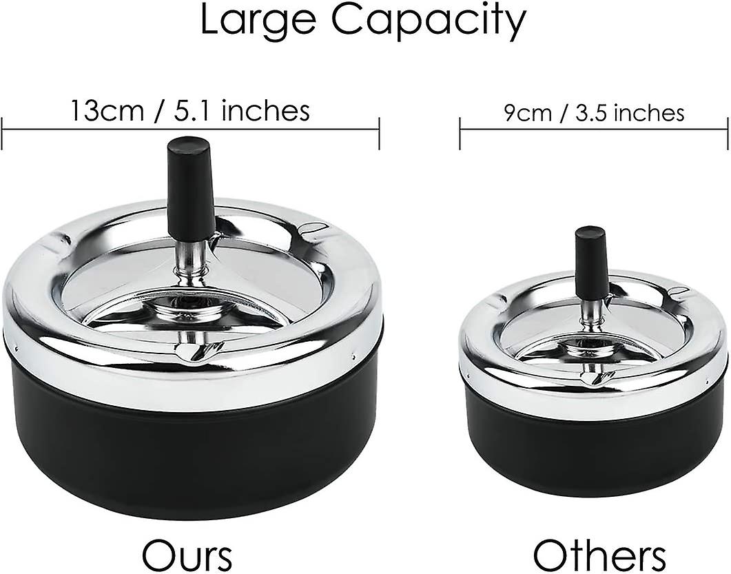 Round Push Down Ashtray With Spinning Tray Metal Cigarette Ash Tray Large 5.2 Inches Home Ashtray For Outside Patio - Black
