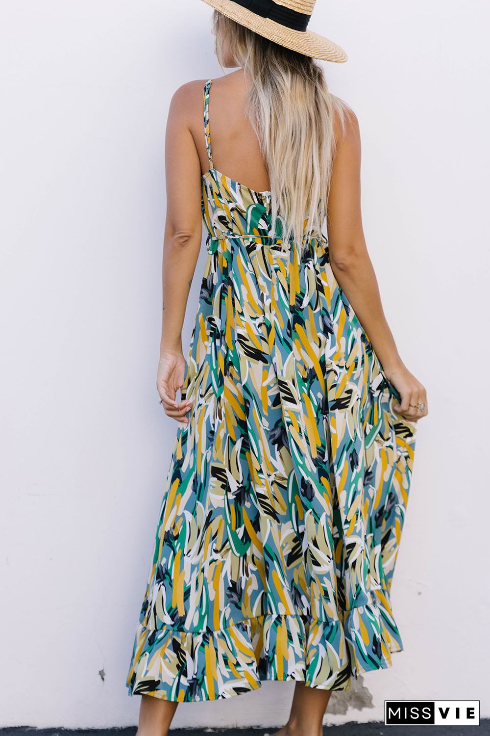 Green Abstract Printed Spaghetti Straps Ruffle Maxi Dress