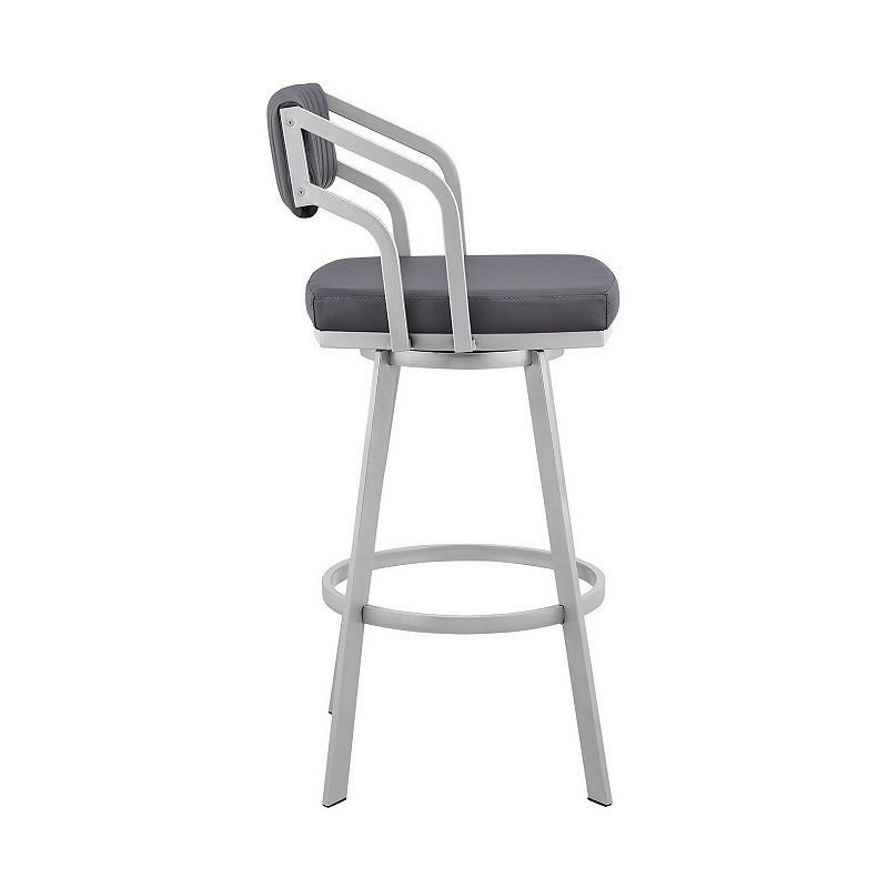 Lyla 30 Inch Metal Bar Stool， Swivel， Vegan Faux Leather， Gray， Silver