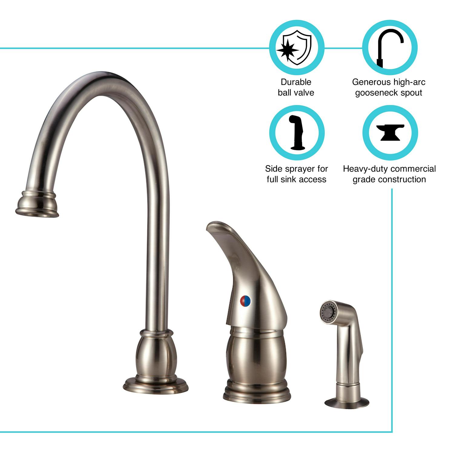 Dura Faucet Gooseneck Kitchen Faucet with Matching Side Sprayer for RVs- Brushed Satin Nickel