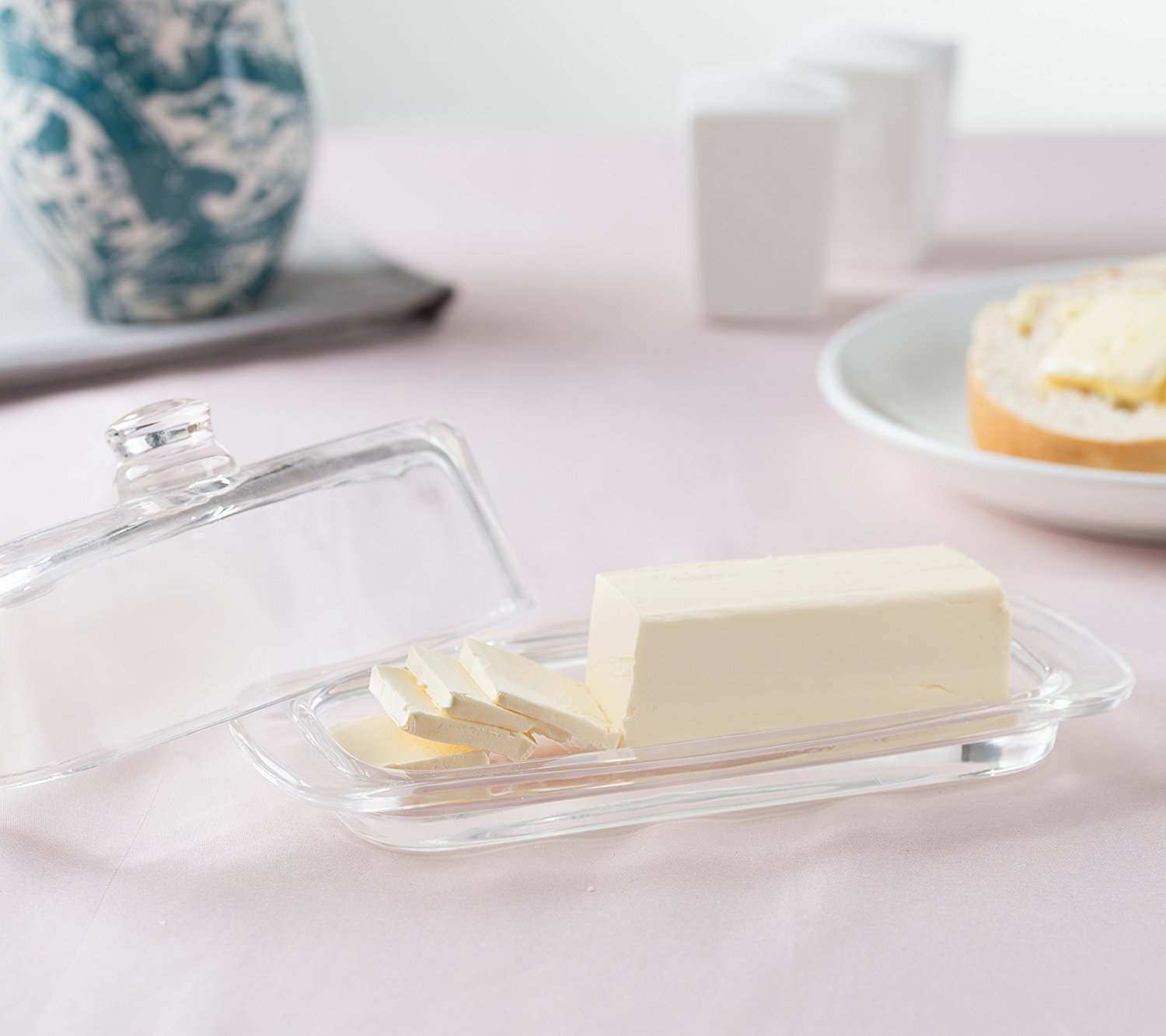 Royalty Art Glass Butter Dish with Handled Lid Rectangular Classic Covered 2-Piece Design Clear， Traditional Kitchen Dishwasher Safe