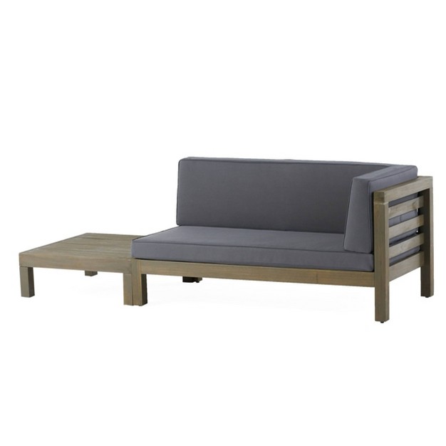 2pk Oana Outdoor Acacia Wood Right Arm Loveseat amp Coffee Table With Cushion Gray dark Gray Christopher Knight Home