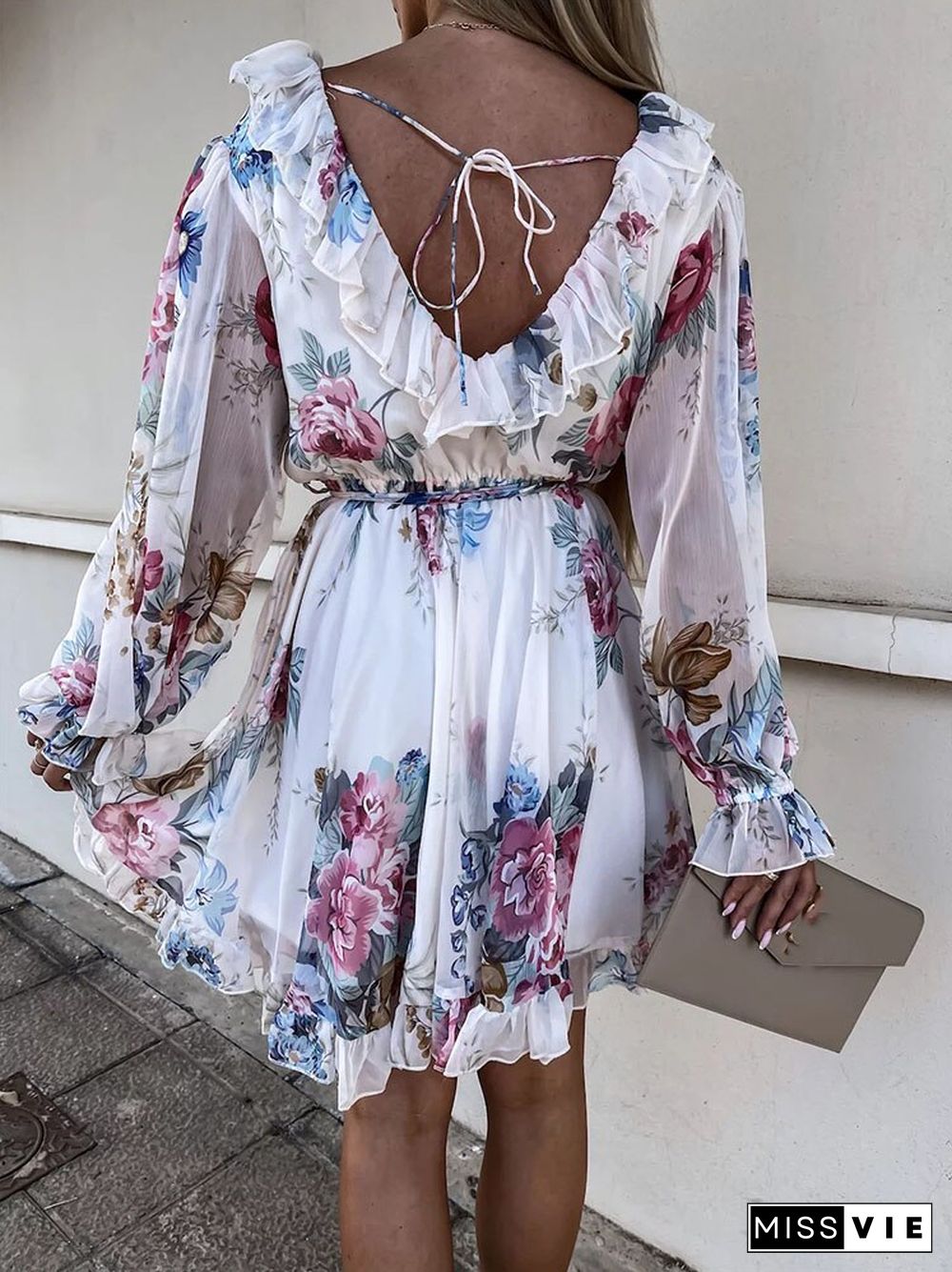 Sexy Backless Double V Neck Ruffle Party Dress Fashion Boho Floral Print Chiffon Beach Dress Elegant Women Tie Pleat Mini Dress