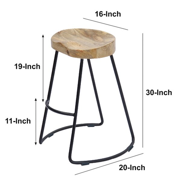 Ela 30 Inch Mango Wood Bar Stool， Saddle Seat， Iron Frame， Brown and Black