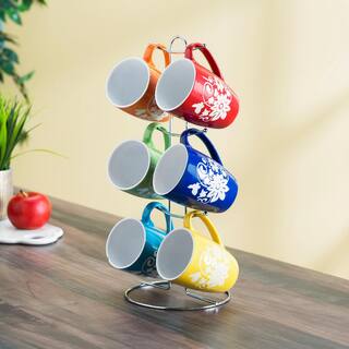 Home Basics 6 Piece Floral Mug Set with Stand Multi-Color HDC50676