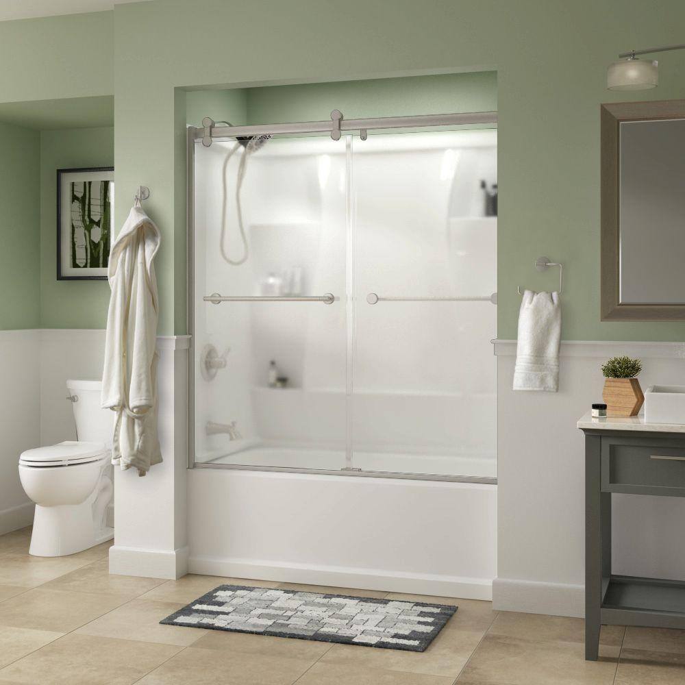 Delta Lyndall 60 x 58-34 in. Frameless Contemporary Sliding Bathtub Door in Nickel with Frosted Glass 810662