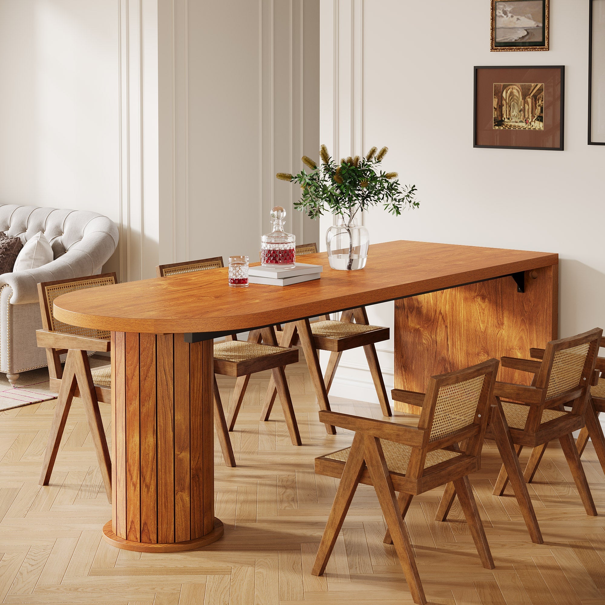 78.7 Dining Table, Farmhouse Kitchen Table with Cylindrical Pedestal for 6-8