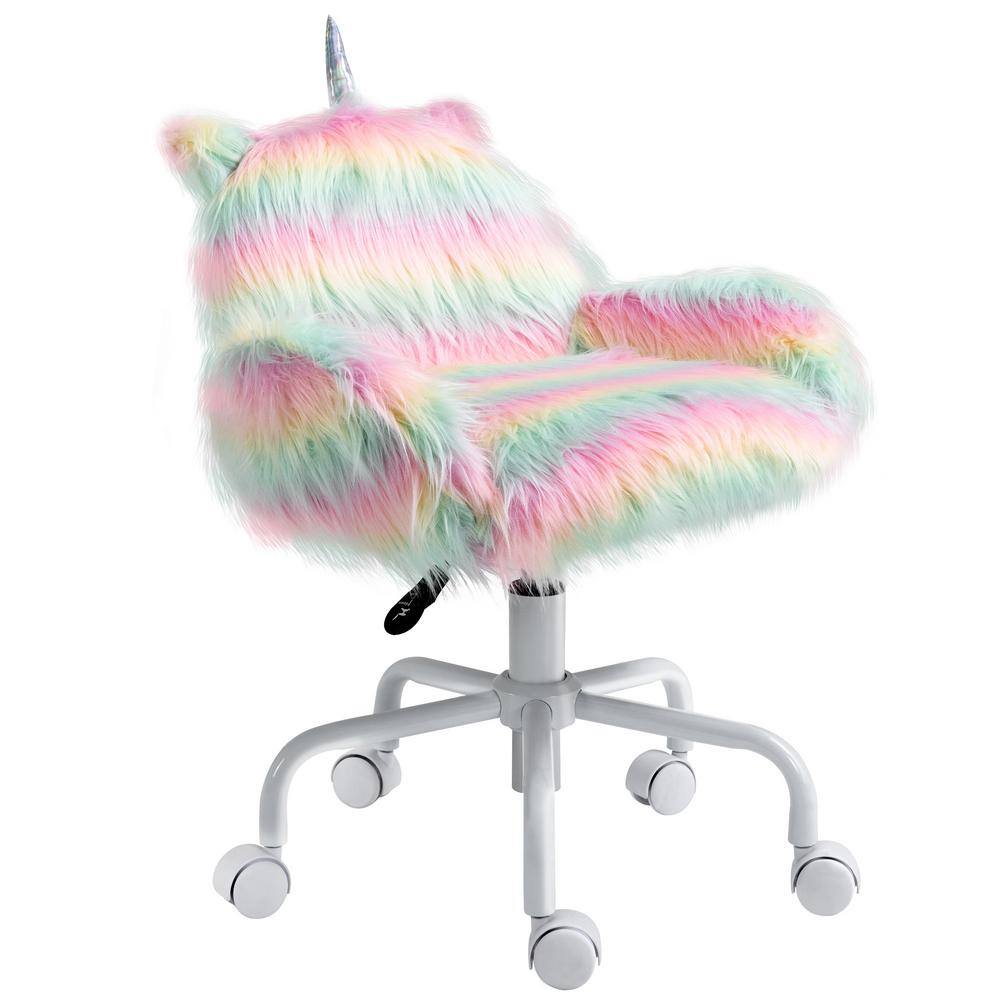 HOMCOM Rainbow color Faux Fur Unicorn Office Chair with Mid-Back and Armrest Support 833-940