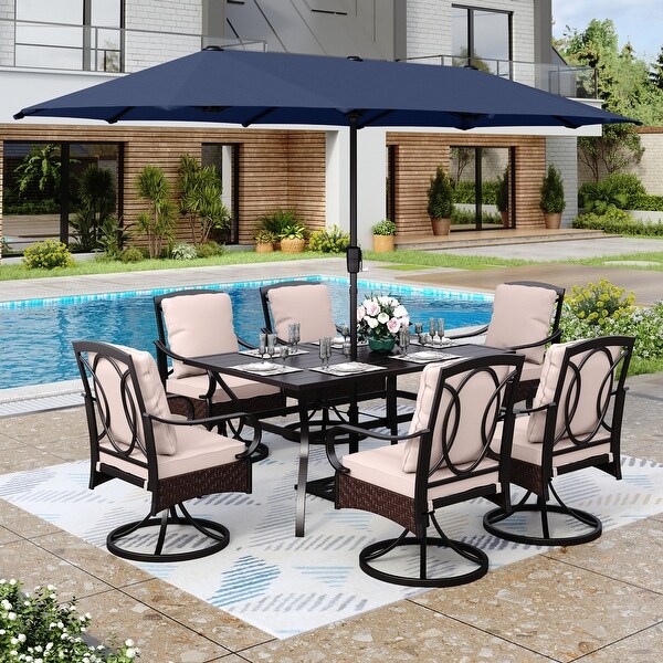 MAISON ARTS 8Piece Black Metal Outdoor Dining Set with Beige Cushions and Umbrella