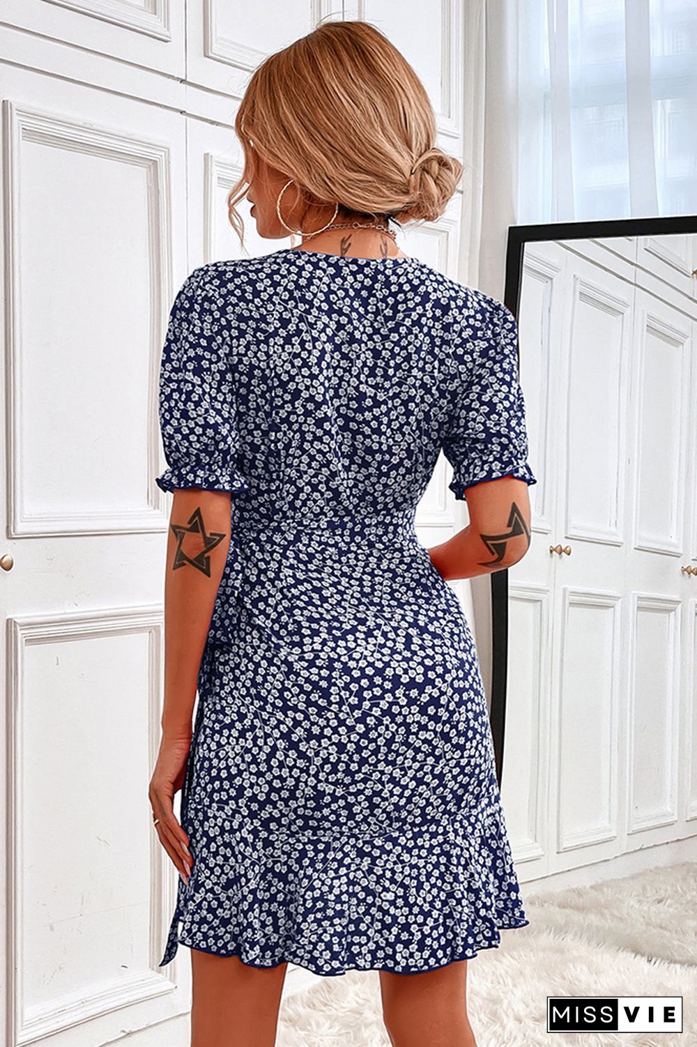 Wrap V Neck Waist Tie Floral Mini Dress