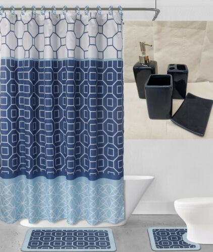 Complete 19 pc Bathroom Set Diamond Navy Washable Rubber Backing Anti Slip Includes 2 Bath Rug/Mat + 1 Shower Curtain + 12 pc Rings Covered + 4 Accesories Ceramic