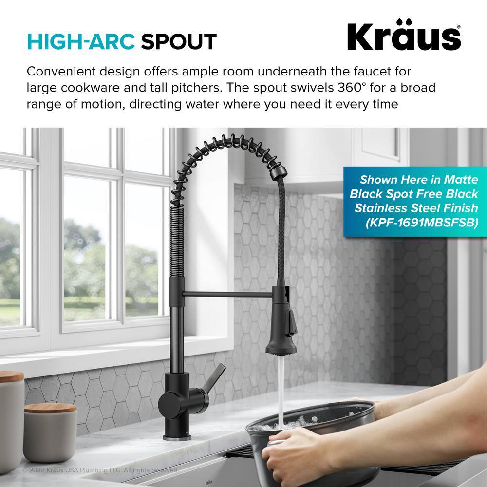 KRAUS Britt Commercial Style Pull-Down Single Handle Kitchen Faucet in Spot-Free Stainless SteelMatte Black KPF-1691SFSMB