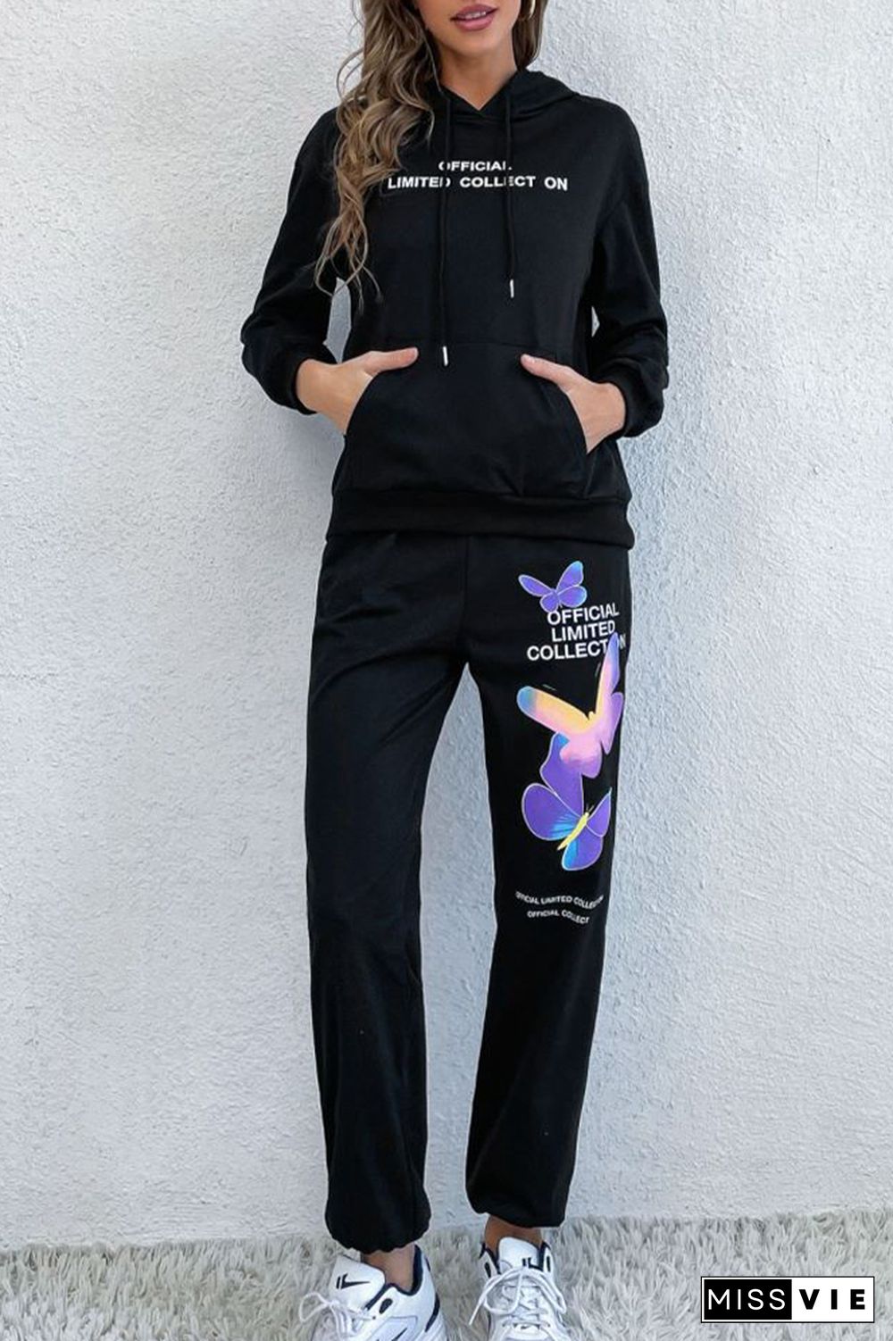 Black Drawstring Hoodie And Printing Pants 2PCS Set