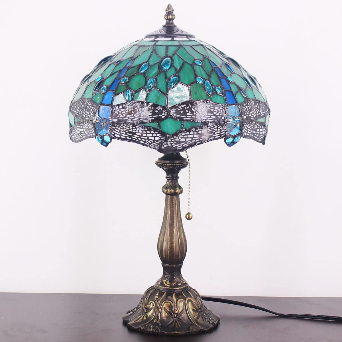 SHADY  Lamp W12H19 Inch Green Stained Glass Dragonfly Style Table Reading Lamp Nightstand Bedside Desk Light Decor Living Room Bedroom Home Office Work Study Pull Chain Switch