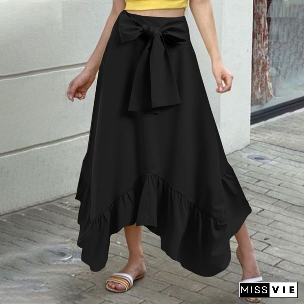 Women Umbrella Long Skirt Irregular Ruffle Hem High Waist Bowknot Party Elegant Casual Pleated Maxi Skirt Dress Plus Size