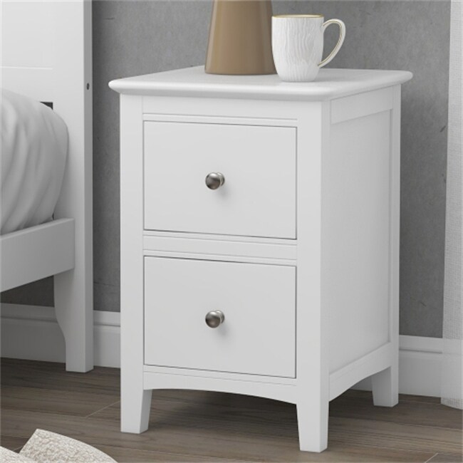 2 Drawers Solid Wood Nightstand End Table in White