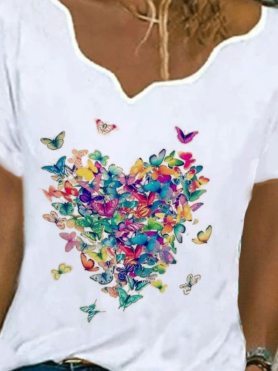 V-neck Butterfly Print Loose Short-sleeved T-shirt