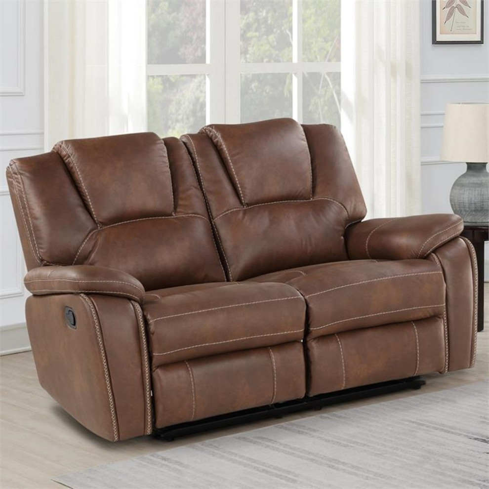 Bowery Hill Transitional Brown Faux Leather Manual Reclining Loveseat   Contemporary   Loveseats   by Homesquare  Houzz