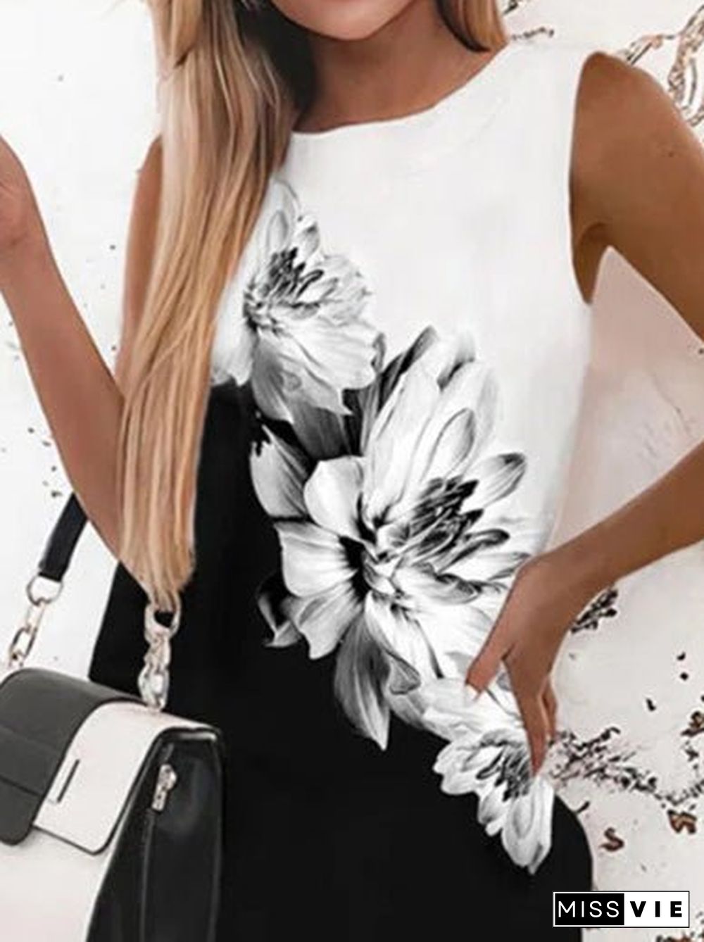 Women'S Dresses Printed Crewneck Slim Fit Sleeveless Dress