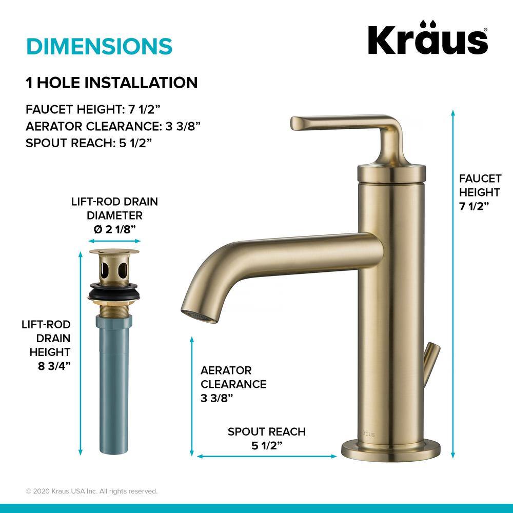 KRAUS Ramus Single Handle Bathroom Sink Faucet with Lift Rod Drain in Brushed Gold (2-Pack) KBF-1221BG-2PK