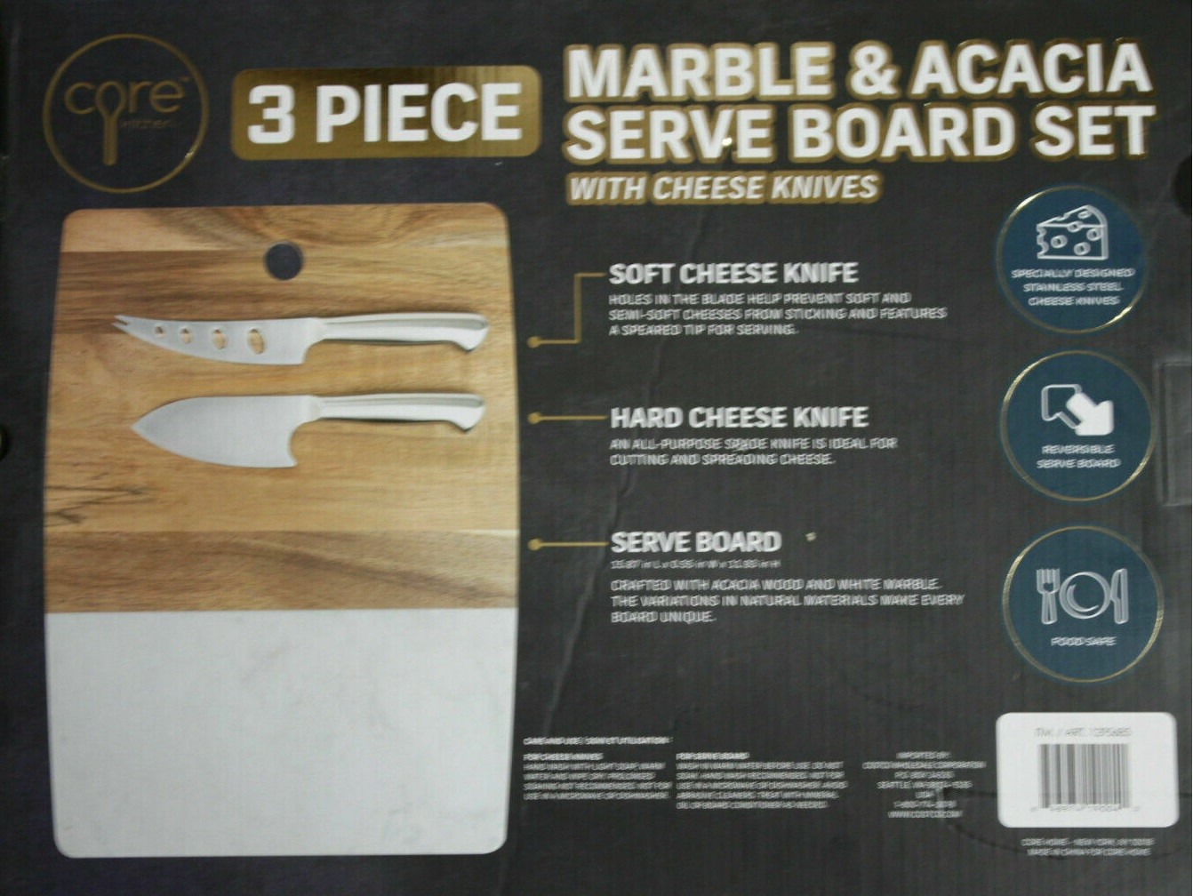 Core Kitchen Marble and Acacia Server Board Set with Cheese Knives， 3-piece Set