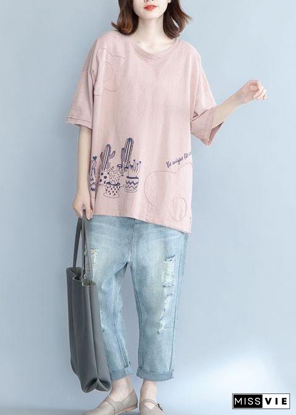 Unique pink prints cotton shirts women Appliques daily summer blouse