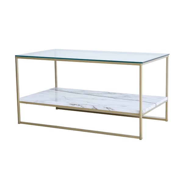 Roomfitters 2 Tier White Faux Marble Print Coffee Table with Glass Top