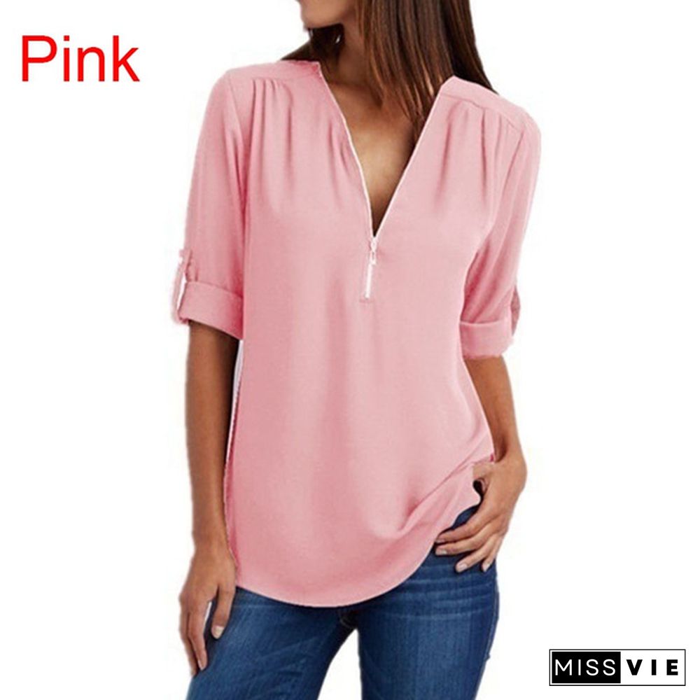 Plus Size Women's Fashion Chiffon Shirt V-neck Long Sleeve Loose Tops Zipper T-Shirt( S-4XL)