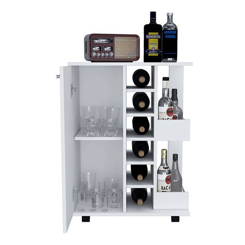 DEPOT E-SHOP Magda Bar Cart， Four Casters， Six Built-in Wine Rack， Single Door Cabinet， Two External Shelves， White