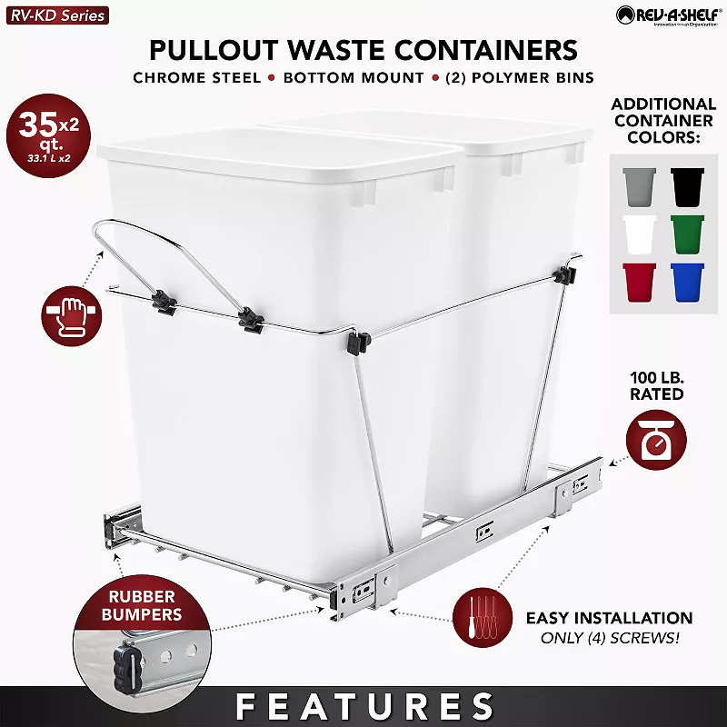 Rev-a-shelf Double Pull Out Trash Can 35 Qt For Kitchen， Silver， Rv-18kd-17c S