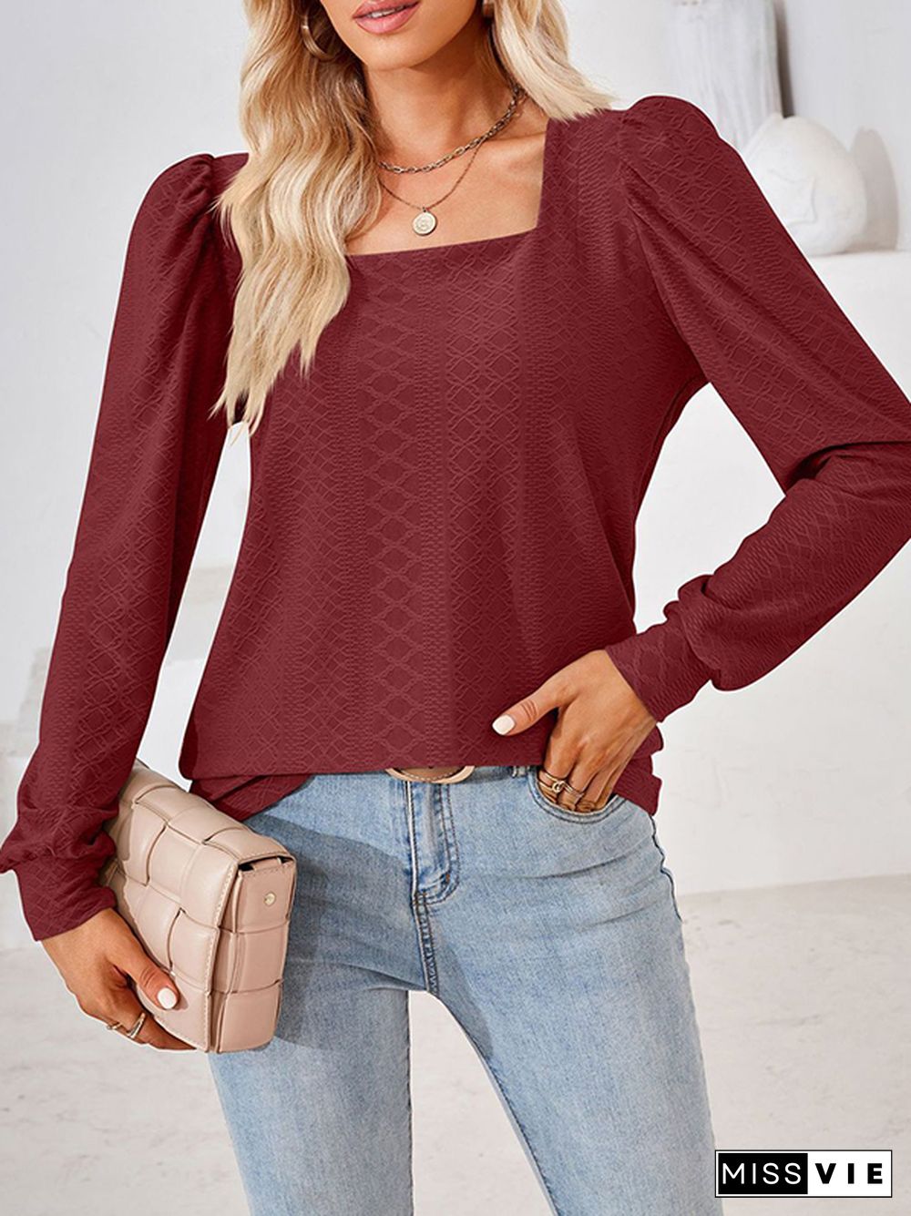 Loose Jacquard Solid Color Square-neck T-Shirts Tops