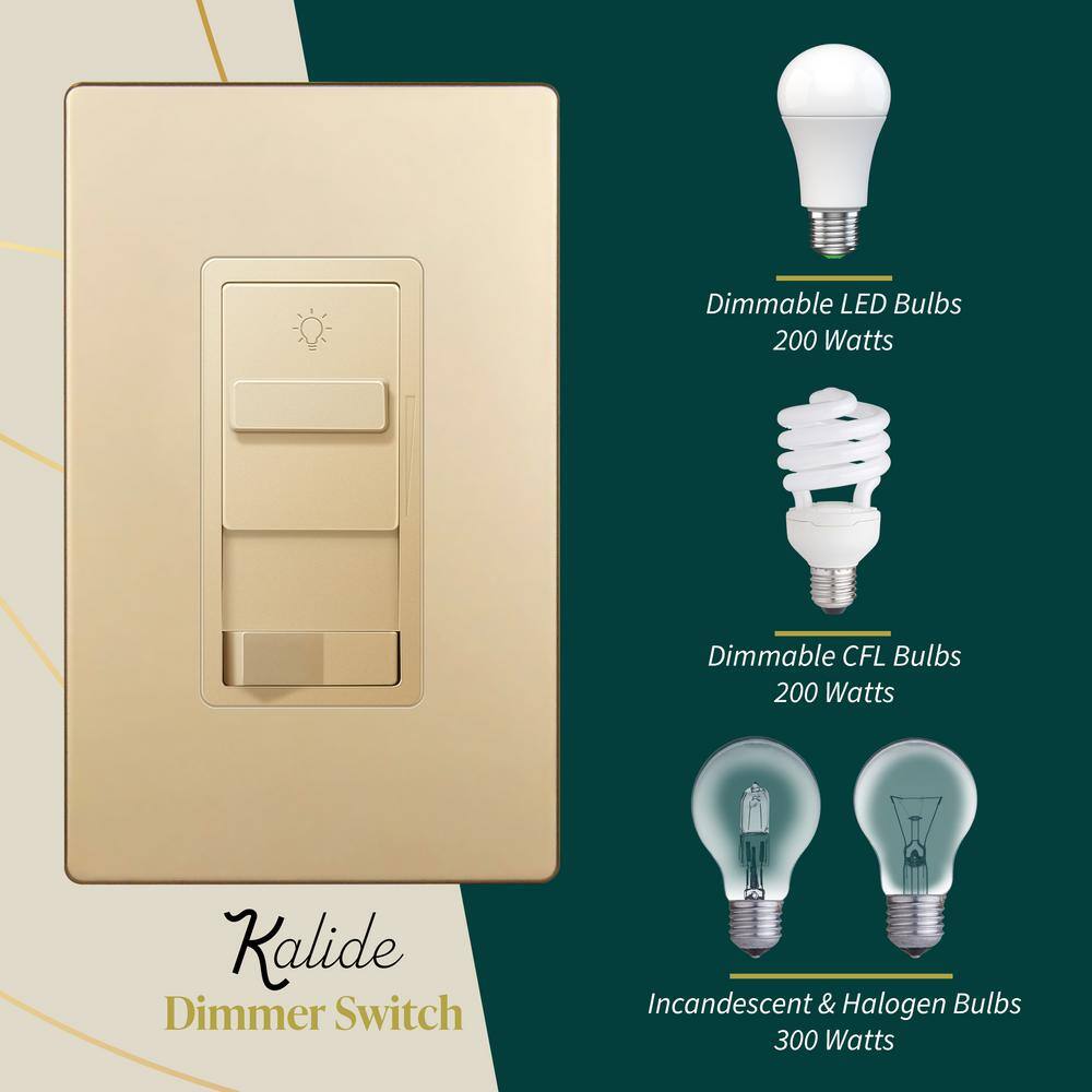 TOPGREENER Kalide 200-Watt 3-Way Slide Dimmer Light Switch With OnOff Button No Neutral Gold (3-Pack) TGSDS3-GD-3PCS