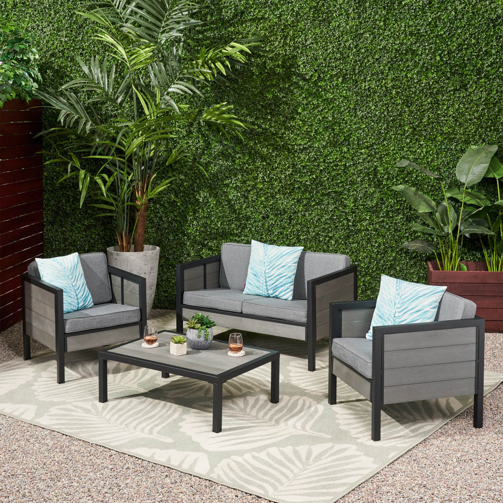 McKinley Outdoor 4 Seater Chat Set With Cushions  Black/Gray   Transitional   Outdoor Lounge Sets   by GDFStudio  Houzz