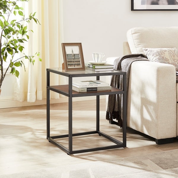 Side Table Tempered Glass Top Nightstand with Shelf 2-Tier End Table