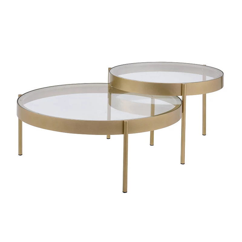 Contemporary Metal and Glass Round Nesting Table， Set of 2， Gold and Clear