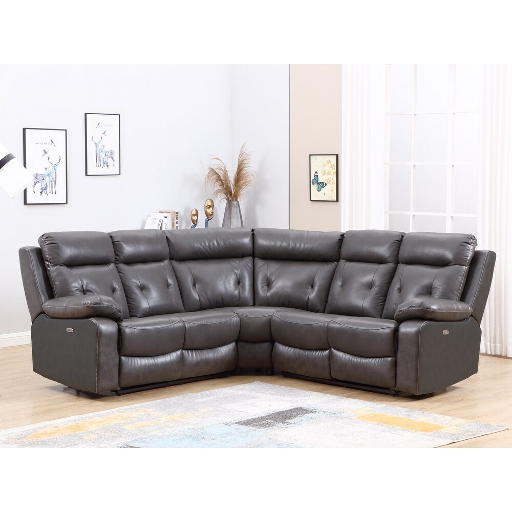 Grey Faux Leather Upholstered Power Reclining Sectional