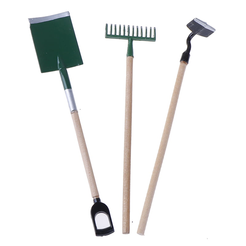 3psc/Set Metal Garden Spade Rake Tools For Dolls House Miniatures Accessories