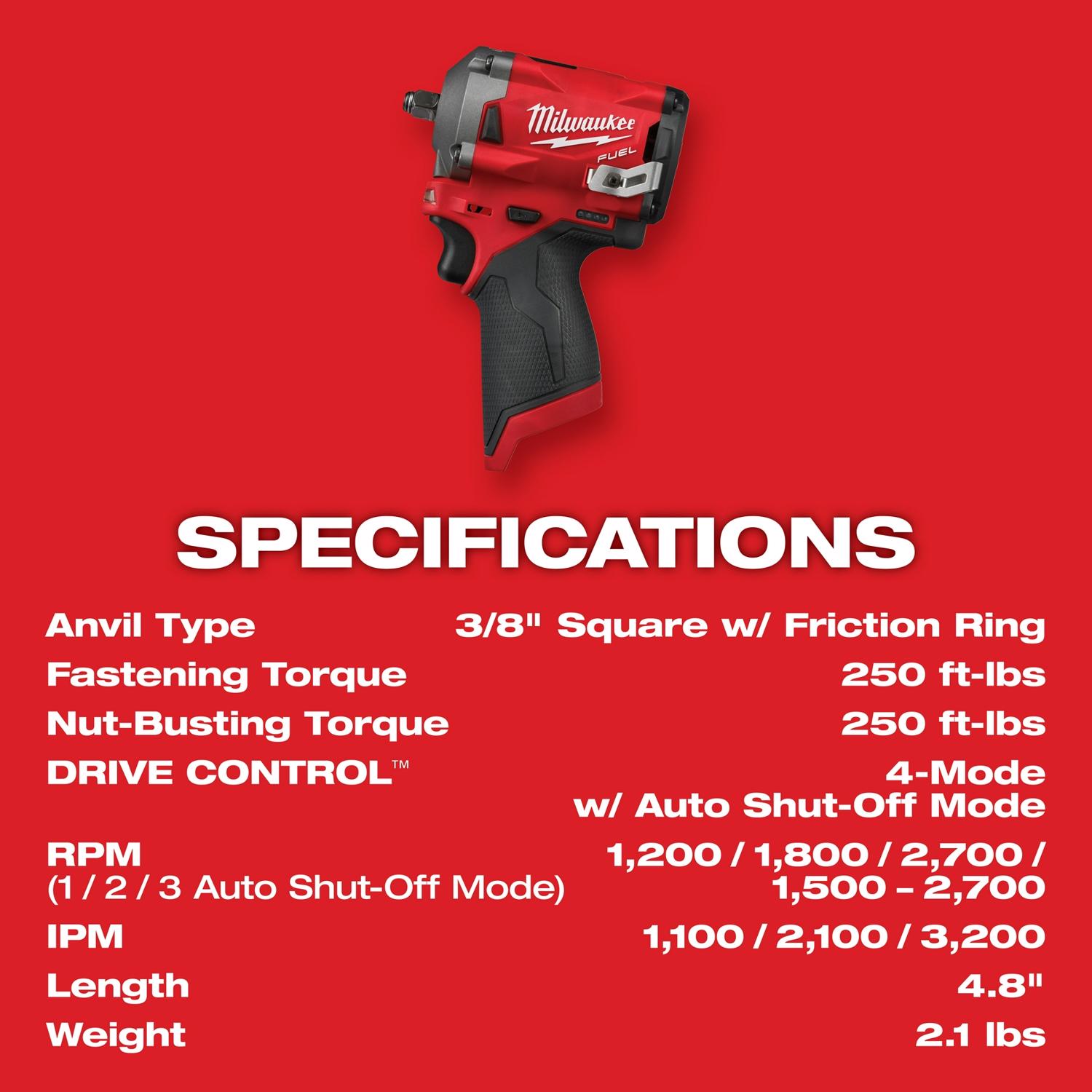 MW M12 FUEL 12 V 3/8 in. Cordless Brushless Stubby Impact Wrench Kit (Battery \u0026 Charger)