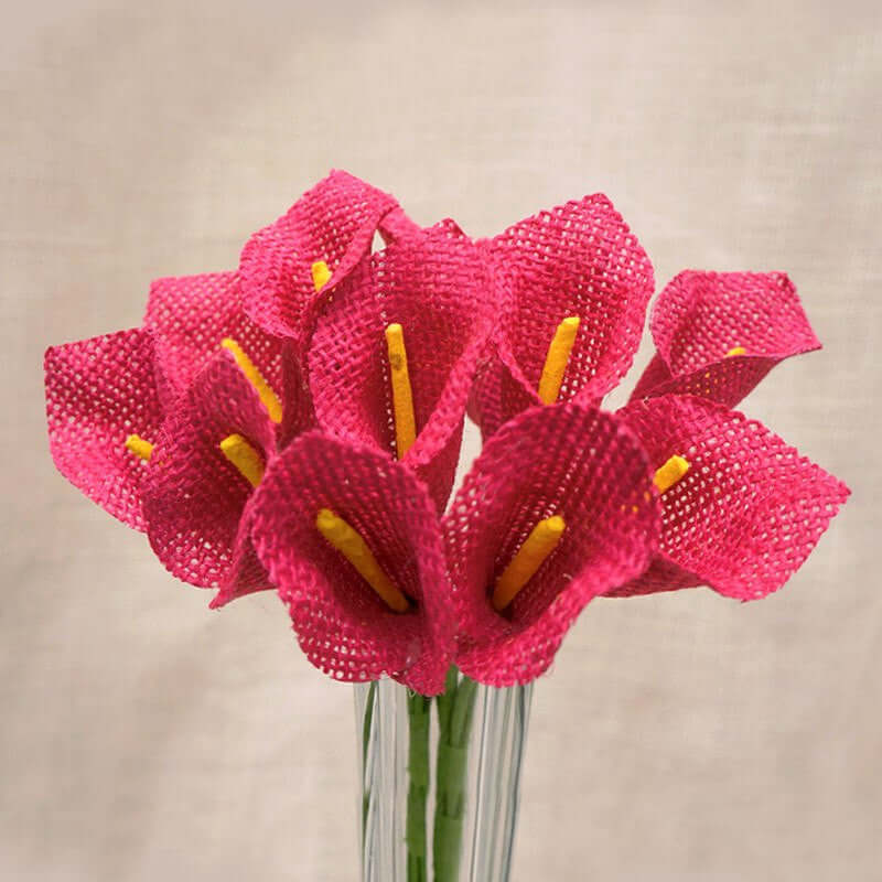 6 Bushes 36 Pcs Fuchsia Burlap Calla Lily Flowers With Stems 10