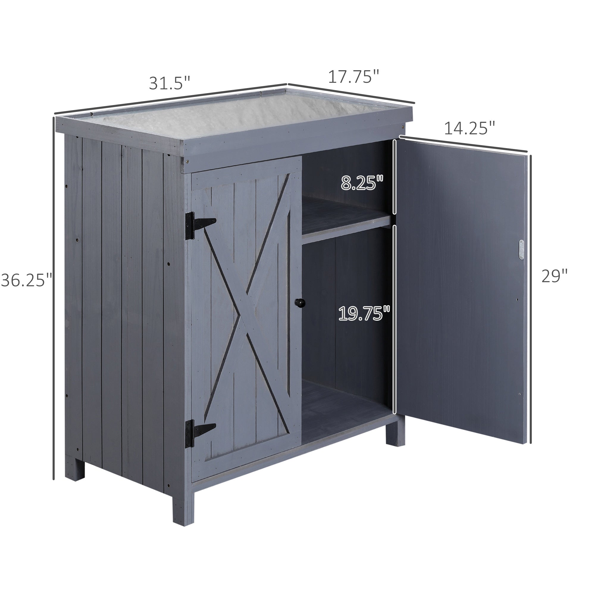 Outsunny Garden Storage Cabinet, Outdoor Fir Wood Steel Tool Shed with Galvanized Top, Grey