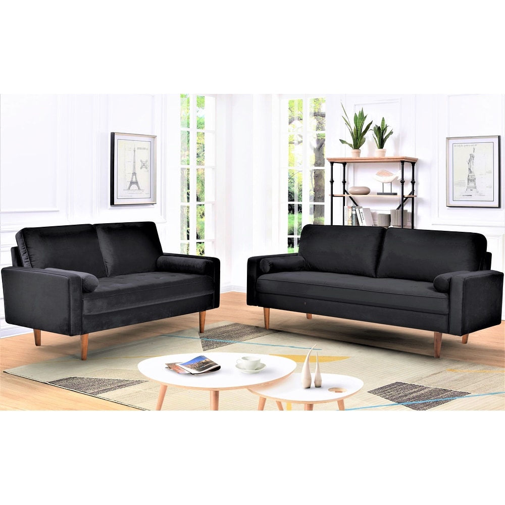 Monahan Wood Frame Velvet Tufted 2 PCS Living Room Set  Sofa   Loveseat