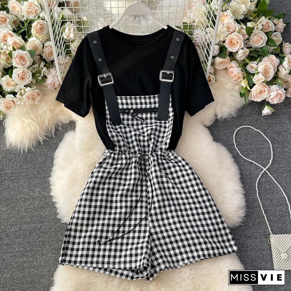 Basic Tee+Wild Plaid Rompers P10146